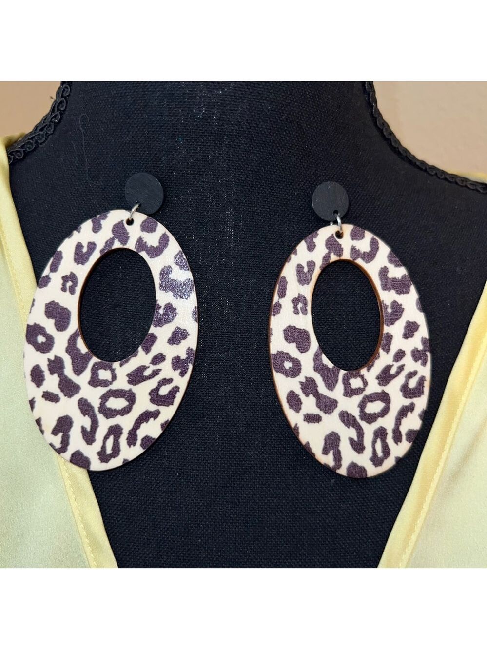 Leopard Print Wood Earrings Open Oval Lightweight Statement - Picture 3 of 6
